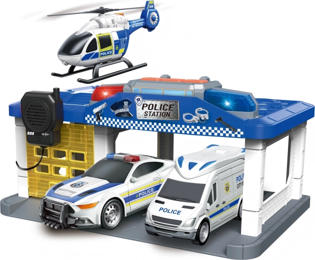 Estación de policía con helicóptero, luces y sonidos