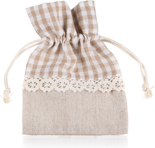 Bolsita decorativa de algodón con cuadro marrón claro y blanco 10 × 13 cm
