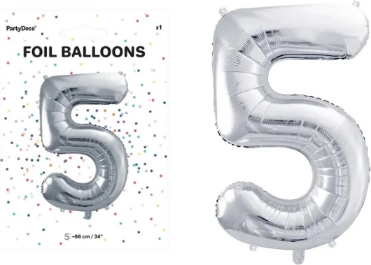 Globo de foil con forma de número 5 plateado de 86 cm