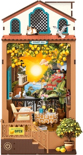 Robotime rompecabezas 3D sujetalibros miniatura de casita atardecer en la isla