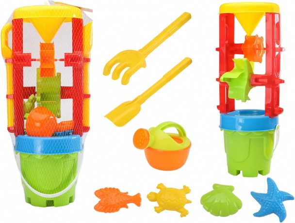 Set de juguetes de playa multicolor con molino grande, cubo y moldes
