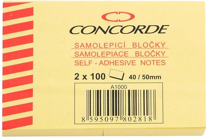 Bloc de notas adhesivo amarillo 40 × 50 mm CONCORDE, 2 × 100 hojas