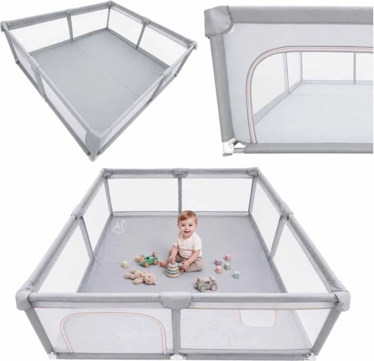Parque infantil plegable con entrada lateral con cremallera 180 × 200 cm, gris