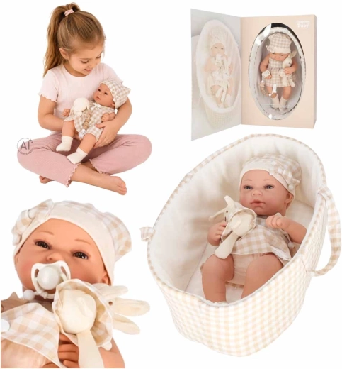 Muñeca bebé beige de 38 cm con portabebés, chupete y conejito de peluche