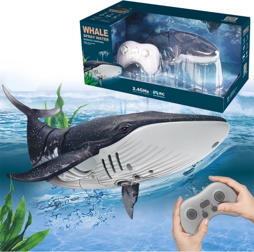 Ballena azul teledirigida con fuente de agua negra