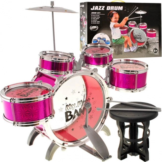 Batería infantil de 5 piezas con taburete – Rosa