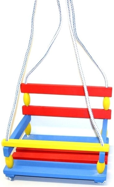 Columpio de madera de colores con barrera de seguridad