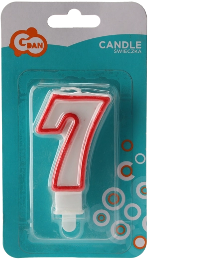 Vela de cumpleaños número 7 – blanca con borde rojo, con soporte