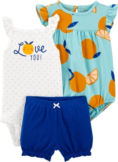 Carter’s set de 3 piezas: body de tirantes, body de manga corta y pantalones cortos blue orange para niña 6 m – 6m