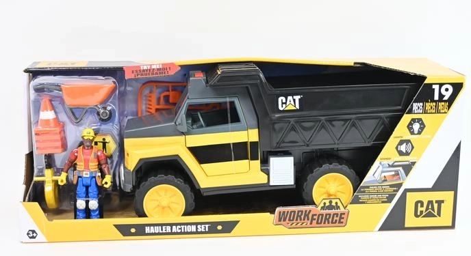 CAT camión volquete de trabajo con efectos, 34 cm, figura y accesorios