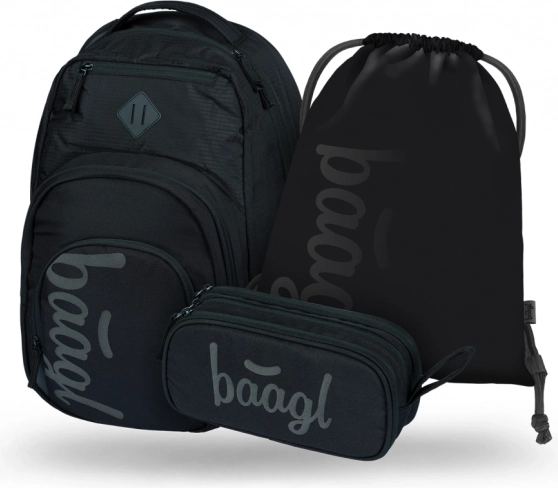 Set Baagl con tres productos negros: mochila, estuche y bolsa