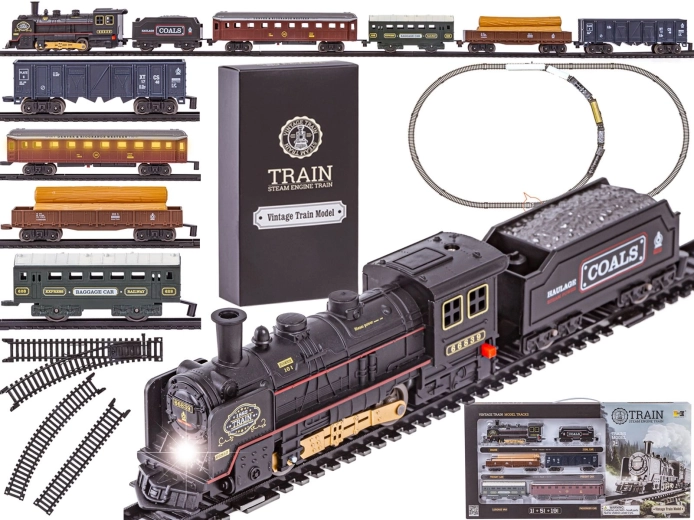 Circuito de tren eléctrico con locomotora de vapor y 5 vagones