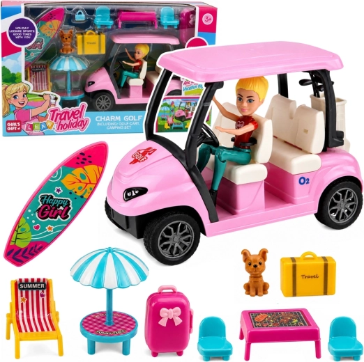 Set de golf con carrito de golf rosa, muñeca, perrito y accesorios de vacaciones