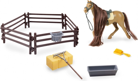 Caballo marrón con accesorios y corral 14 cm