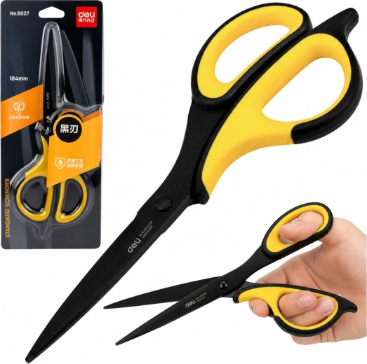 Tijeras de oficina Deli de acero inoxidable negro-amarillas 18,4 cm - 1 unidad