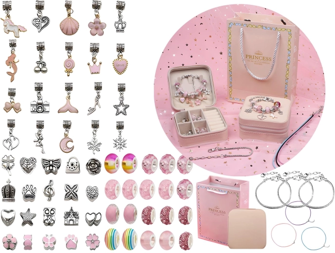 Set para hacer joyas y pulseras con colgantes y cuentas en tonos rosa con estuche