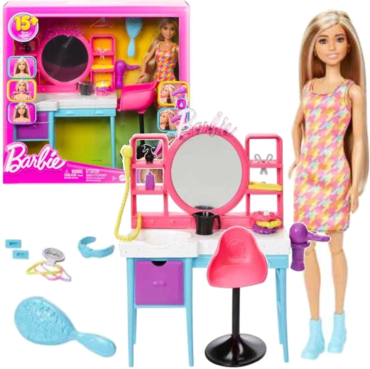 Salón de peluquería Barbie con muñeca y 15 accesorios