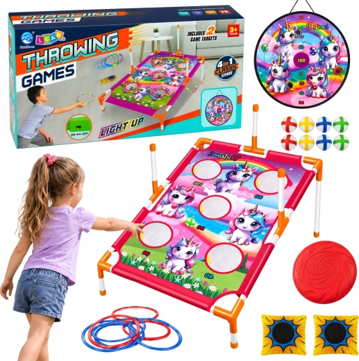 Juego infantil de lanzamiento a diana 4 en 1 con unicornios: diana, tablero de puntuación, aros y frisbee