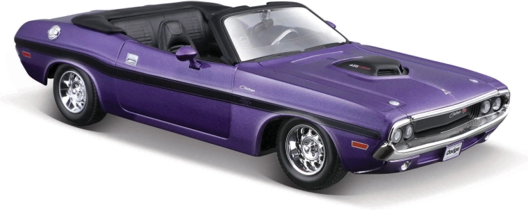 Maisto 1970 Dodge Challenger R/T convertible – modelo de metal 1:24, metalizado púrpura