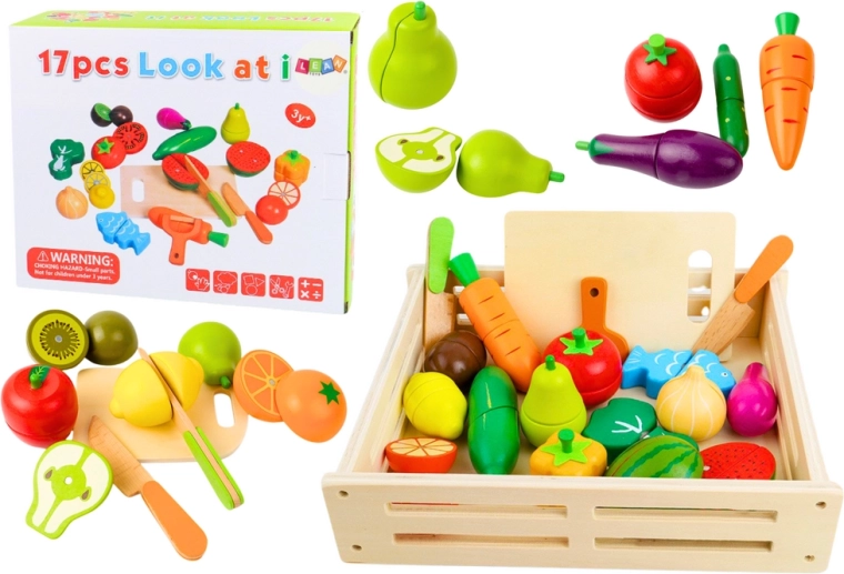Set de madera de frutas y verduras en una cajita con imanes para la cocina infantil