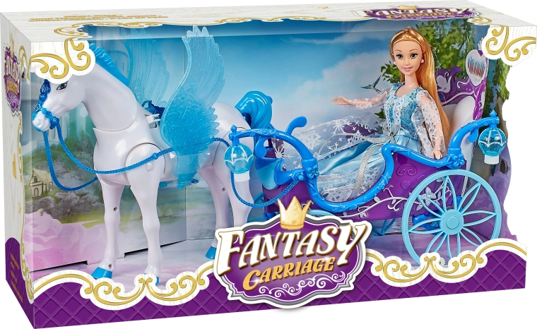Coche mágico azul con Pegaso y muñeca con luz y sonido