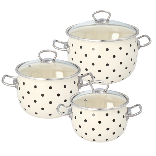 Juego de 3 ollas esmaltadas con tapas, lunares blancos 2,5 l, 3,5 l, 5 l