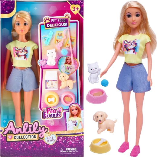 Muñeca con gatita, perrito y cuencos para alimentar