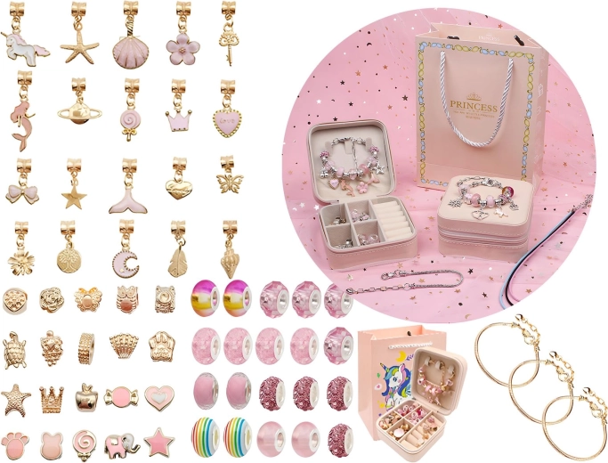 Set para hacer joyas y pulseras con colgantes y cuentas en tonos rosas