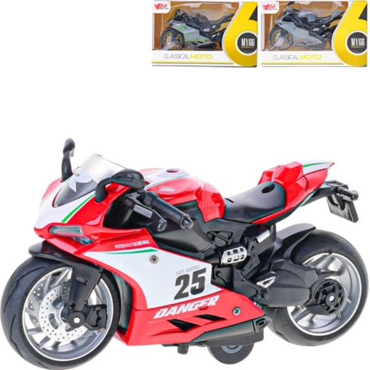 Motocicleta de carreras metálica 14 cm 1:12 con retroceso en caja - 1 unidad