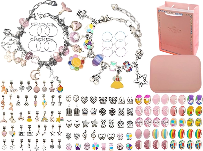 Kit creativo para fabricar joyas y pulseras con colgantes y cuentas (mix rosa arcoíris) con estuche