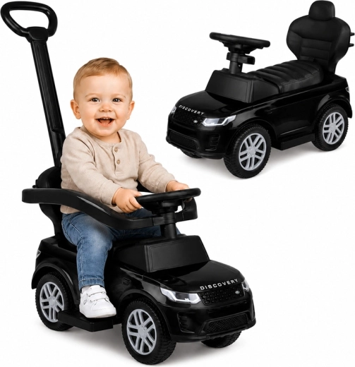 Correpasillos infantil y cochecito con barra de empuje 2 en 1 Range Rover Discovery negro con sonidos