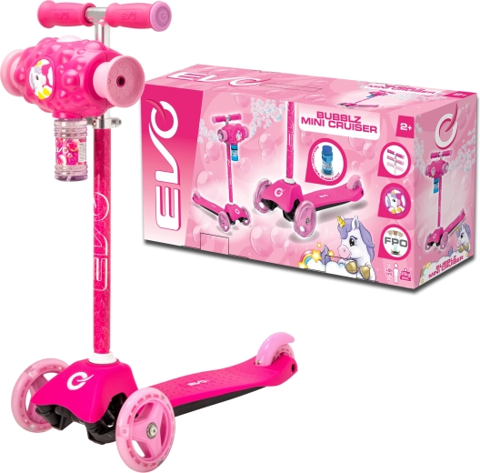 Patinete infantil de tres ruedas EVO Bubblz Mini Cruiser con máquina de burbujas, rosa