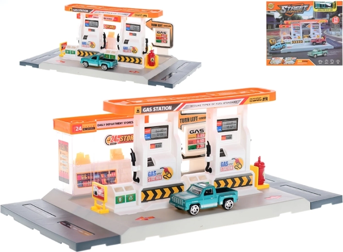 Set de construcción de gasolinera 34 × 17 cm con coche metálico