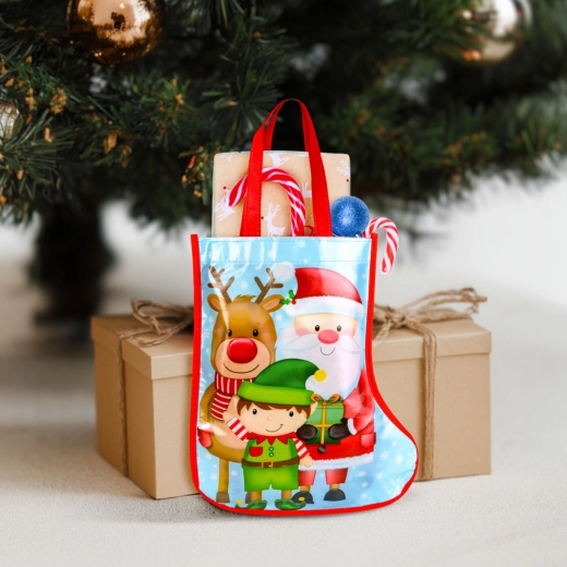 Bolsa de regalo navideña azul con forma de bota, 33 cm