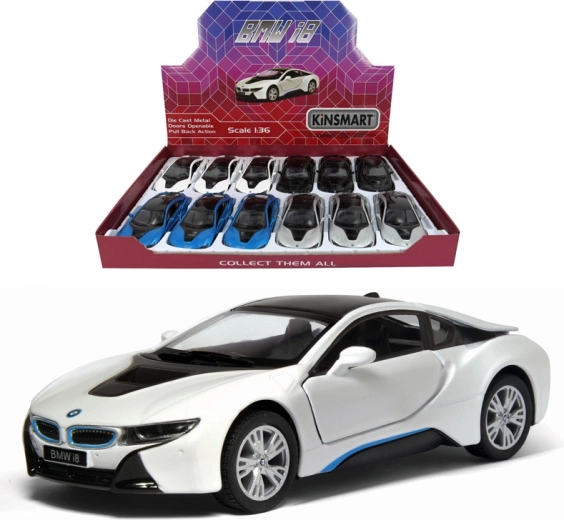 Cochecito metálico BMW i8 con puertas abatibles y mecanismo de retroceso