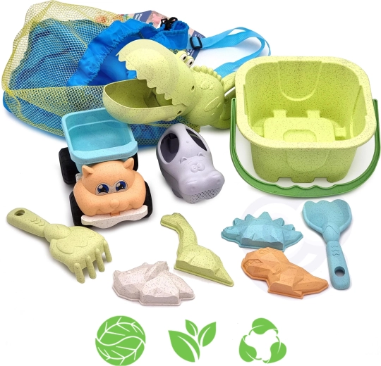 Woopie Green set ecológico para arena con cubo y pala de cocodrilo, 10 piezas en mochila