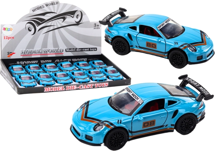 Modelo deportivo de coche metálico 1:32 con figura y alerón – azul