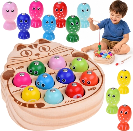 Juego magnético de pesca de pececitos de madera con gato (13 piezas)