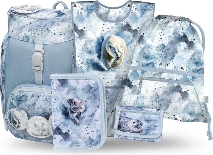 Set escolar BAAGL Airy Polar de 5 piezas: mochila, estuche, bolsa, delantal y cartera de materiales reciclados