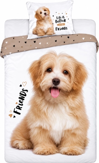 Ropa de cama de algodón Best Friends Cachorro beige y blanca 140 × 200 cm