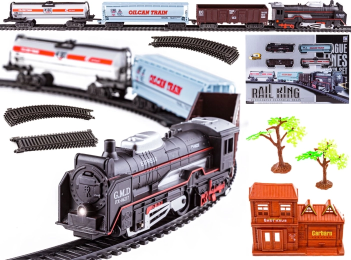 Circuito de tren eléctrico Rail King con locomotora de vapor y 3 vagones