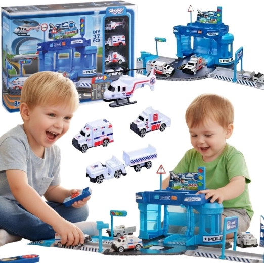 Set temático de Woopie con estación de policía del aeropuerto, coches y helicóptero, 37 piezas