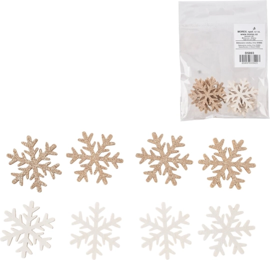 Copos de nieve de madera blanco/marrón 4 cm, 8 uds.