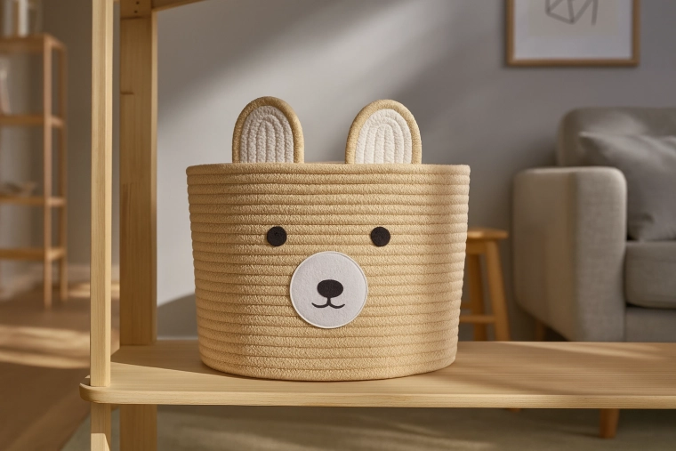 Cesta textil de almacenaje con osito 28 × 22 cm, beige