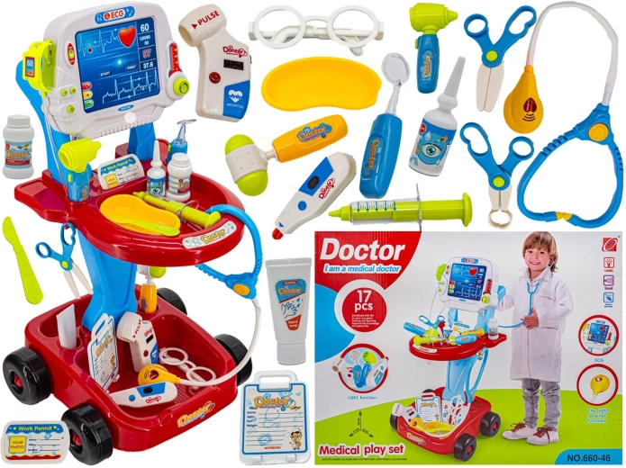 Carrito de médico infantil con monitor EKG y accesorios rojo
