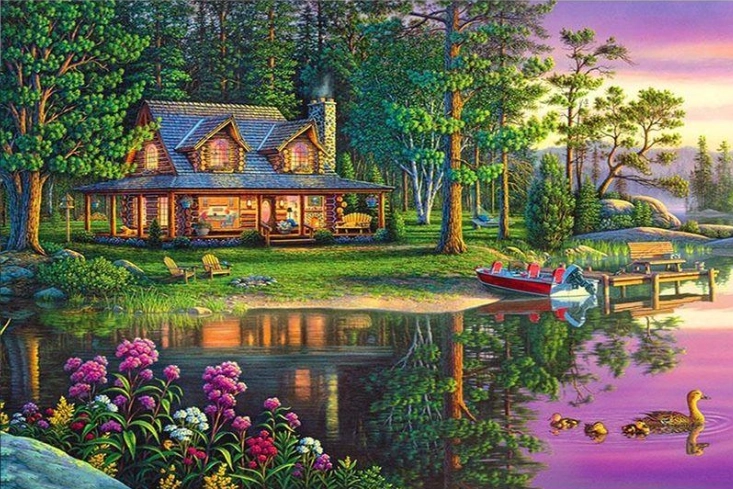 Norimpex Pintura por números Casa en el bosque junto al estanque 40 × 50 cm