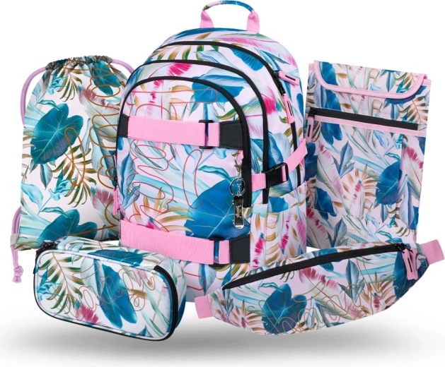 Set escolar Baagl de 5 piezas Skate Leafs: mochila, estuche, bolsa para educación física, riñonera y funda para portátil