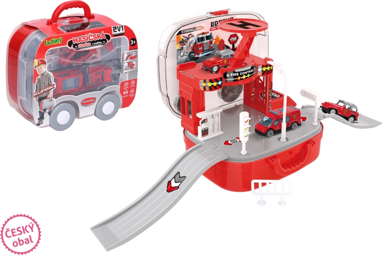 Estación de bomberos en maletín con coches y helicóptero