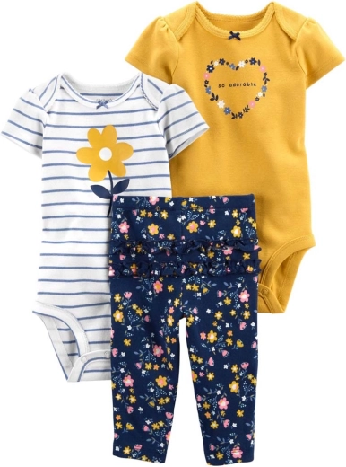 CARTER'S set de 3 piezas para bebé: 2× bodies de manga corta y pantalón largo elástico, multicolor con flores – PRE