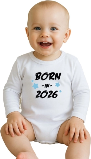 body infantil con estampado New Baby BORN IN 2026, manga larga